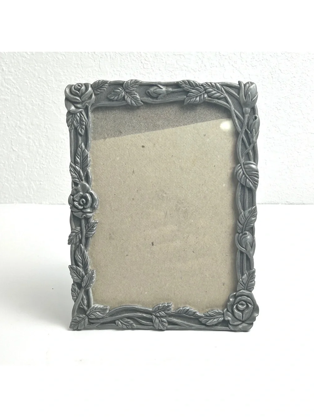 Vintage Decorative Distressed Silver-Tone Rose Frame